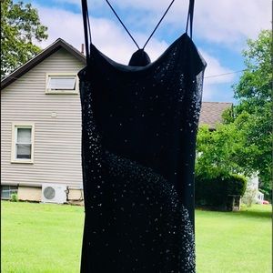 Black long dress with crystal appliqués